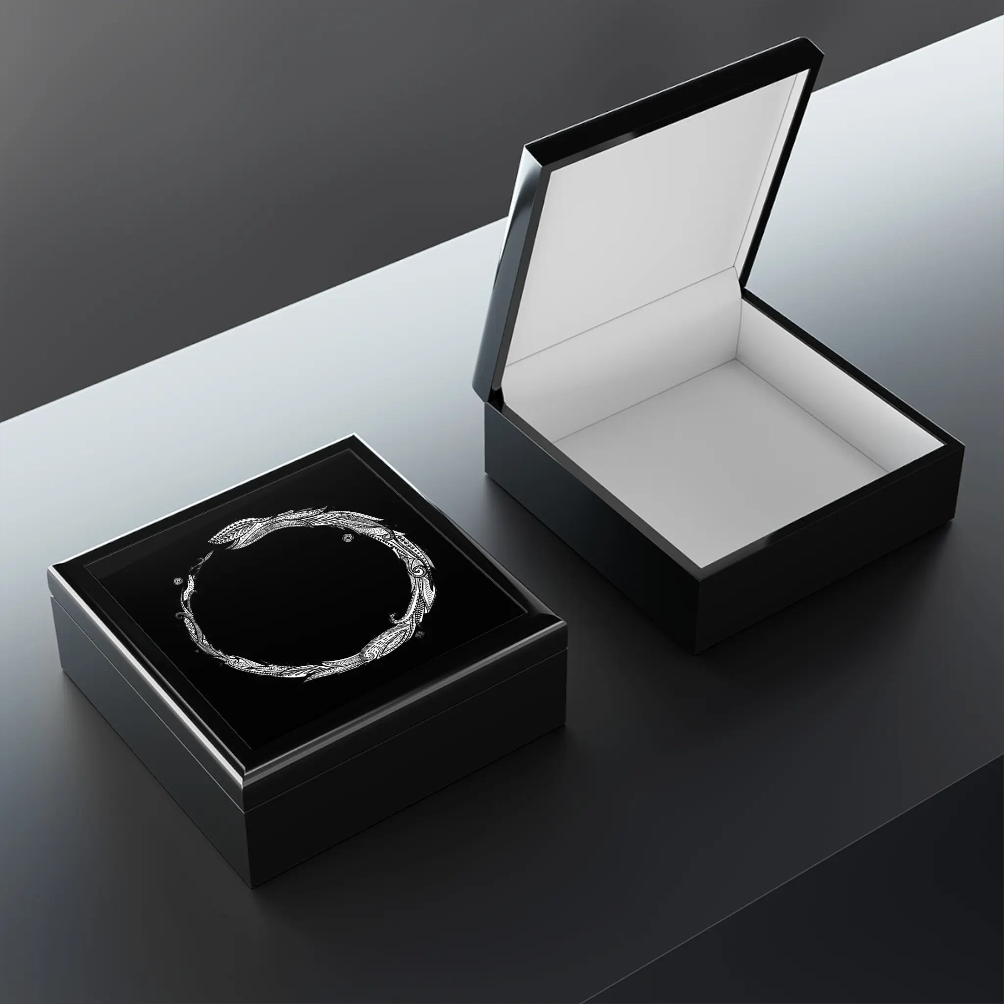 Black Ornate Feather Wreath Wooden Jewelry Box - Smooth, Glossy Artwork, Felt-Lined Elegant Home Organizer Trinket Storage Box