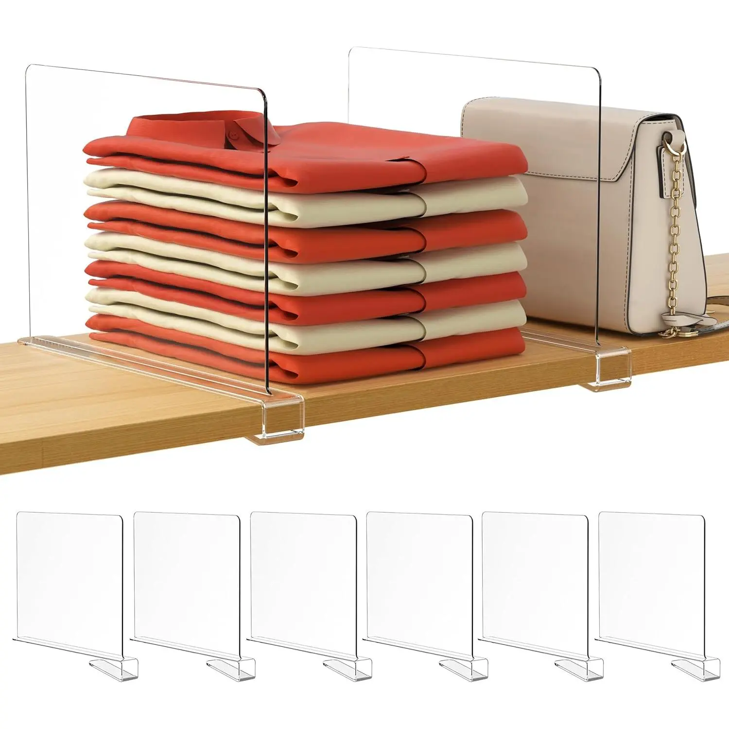 6-piece wardrobe storage organizer, transparent shelves, vertical handbag organizer, suitable for organizing sweaters, shirts, and handbags in the bedroom and kitchen, acrylic bookshelf for storage and organization