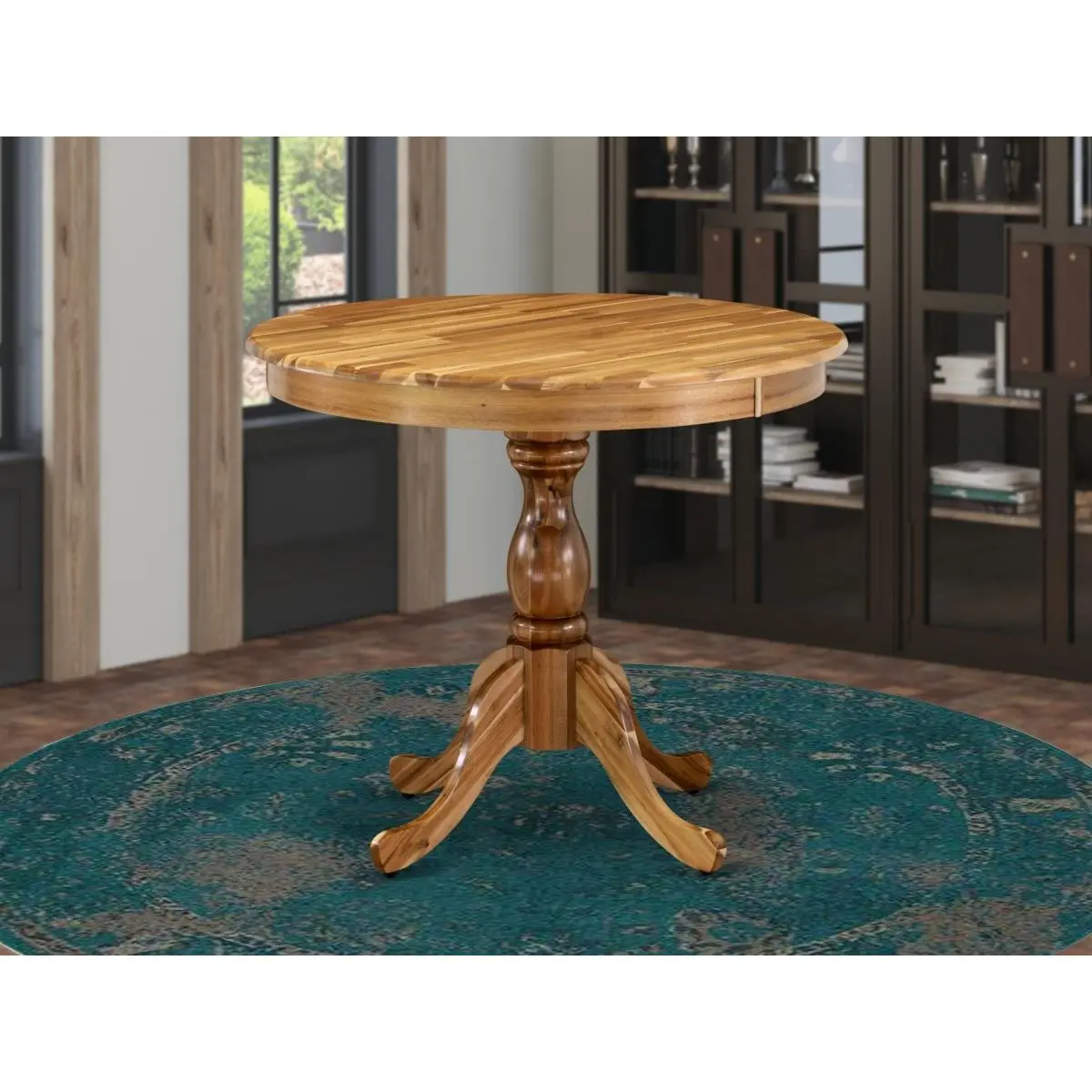 East West Furniture Antique-Inspired Acacia Dining Table - Crafted Wood-Finished Round Indoor Table with Natural Acacia Top, Asian Wood Pedestal Legs, Acacia Dining Tables, Antique-Inspired Dining Tables