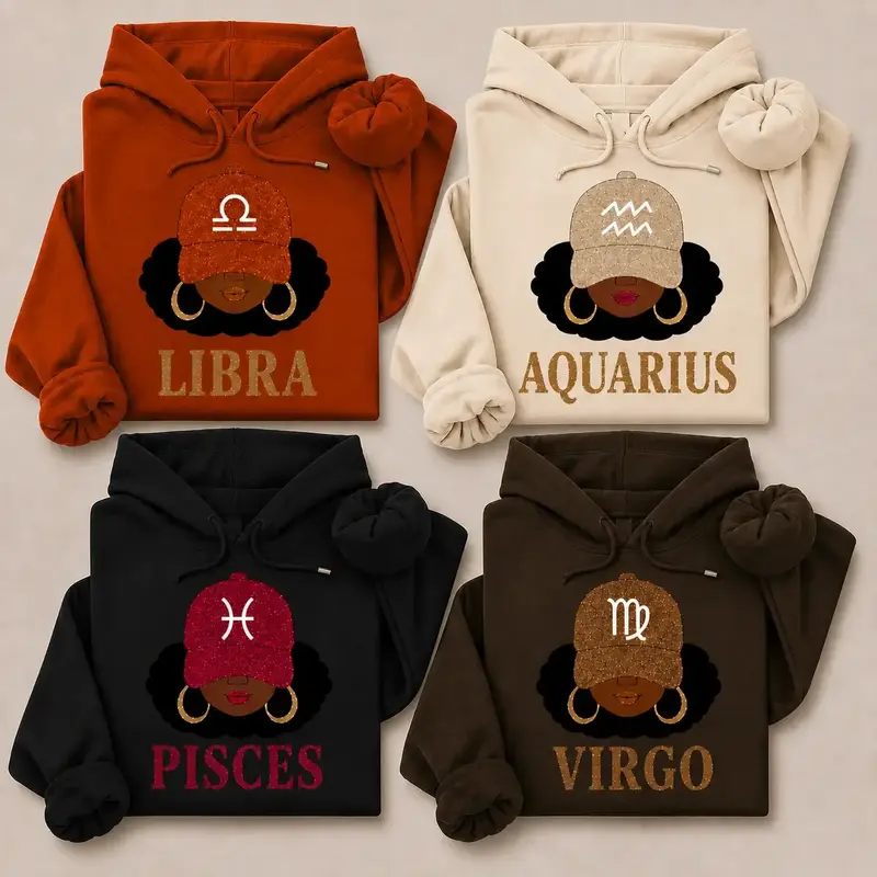 Full 12 Zodiac Slay Girl Hoodie – Afro Zodiac Astrology Graphic Pullover, Trendy Horoscope Sweatshirt for Women Men, Cozy Zodiac Lover Gift