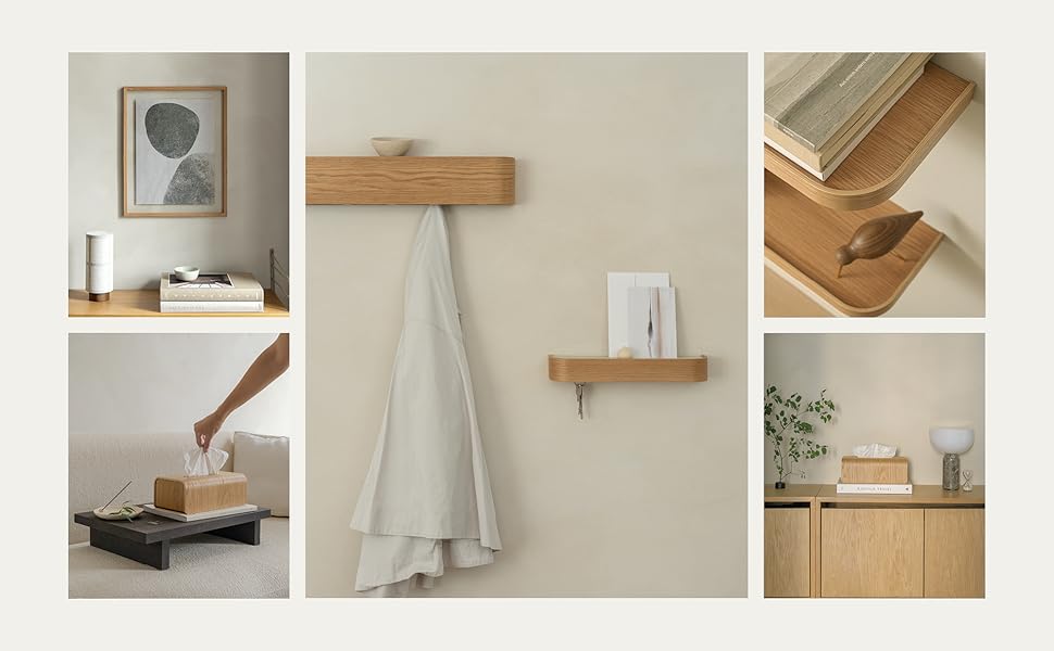 Wall-mounted coat rack - Modern design coat rack with hidden wall hooks - Solid wood veneer coat rack - Oak color, white