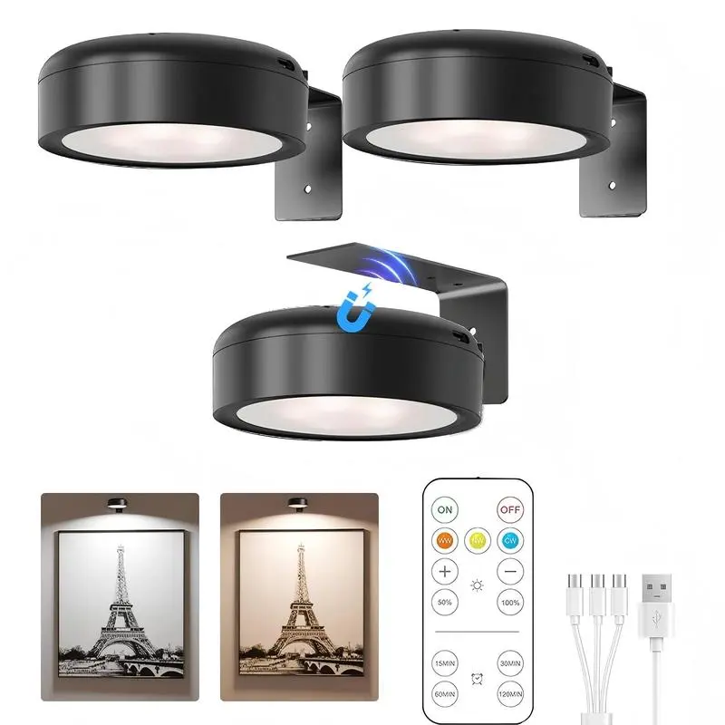 Magnetic LED Wall Lamp - 2000mAh Rechargeable DC-Powered High-Efficiency Energy-Saving Color-Tinted Wall Spotlight with Remote & Dual Controller, 3 Color Temp Dimmable Timing Light for Art Poster Photo Frame Decor, Dc-Powered Wall Spotlights