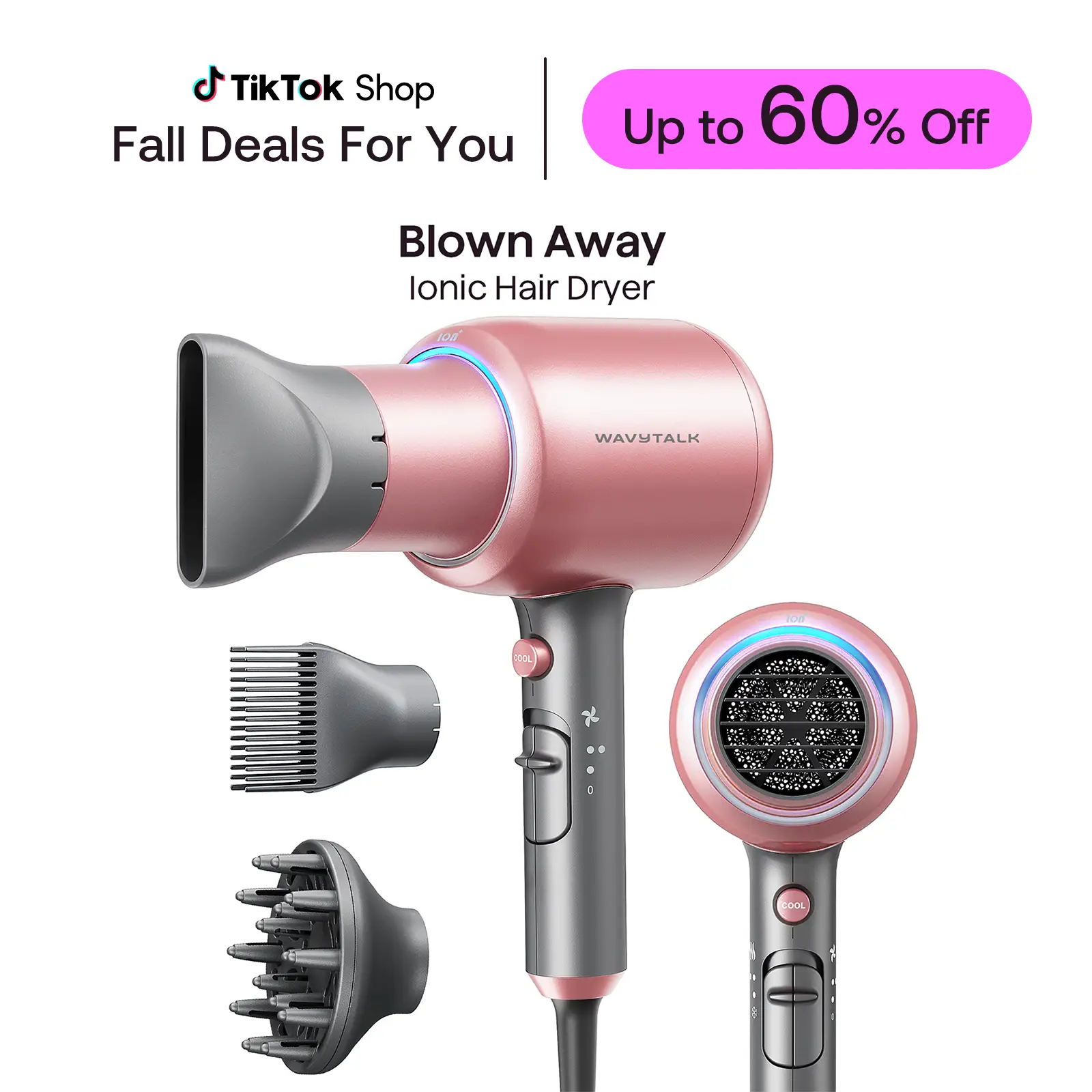 Wavytalk Blown Away Ionic Hair Dryer | 1875W Quick-Dry, Ceramic Coating Heat Damage Protection, Diffuser & Styling Comb Accessories, Lightweight & Qui
