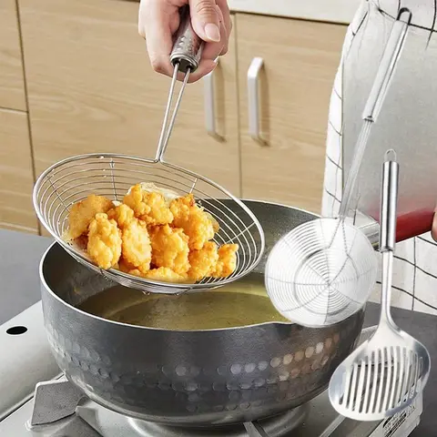 2PCS Multi Kitchen Utensil Stainless Steel Cooking Skimmer Slotted Fish Turner Spatula Spoon Colander Drain Water Filter Spoon Ladle Spider Strainer Skimmer Ladle for Cooking & Frying