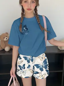 Teenage Girls' Casual Butterfly Pattern Short Sleeve Top & Shorts Set, Summer Wear, Fitted All over Print, Summer Clothing Set