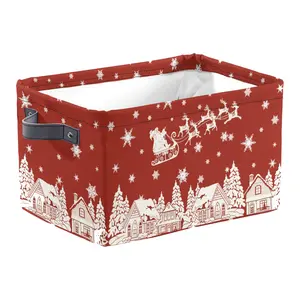 Santa Claus Elk Storage Basket Winter Snow House Snowflake Shelf Basket Christmas Tree Red Holiday Gift Basket Empty Foldable Rectangular Clothes Book Toy Storage Box with Festive Design