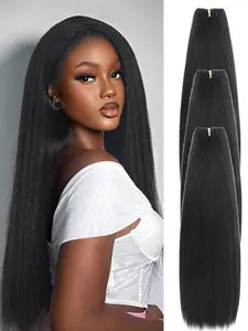 Kinky Straight Hair Extensions 16-22 Inch, Synthetic Yaki Straight Hair Weft, 100g Per Bundle, Natural Color, Daily & Party Use