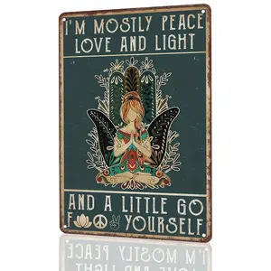 Vintage Metal Painting Card Decor Hippie Yoga Lady I'm Mostly Peace Love Light Poster 12x8 Inches Wall Home Room Bar Cafe Ornaments Artistic Aluminum Durable Water-resistant