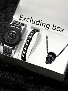 Three piece fashionable large dial cool skull trendy men's wristwatch business dark style set