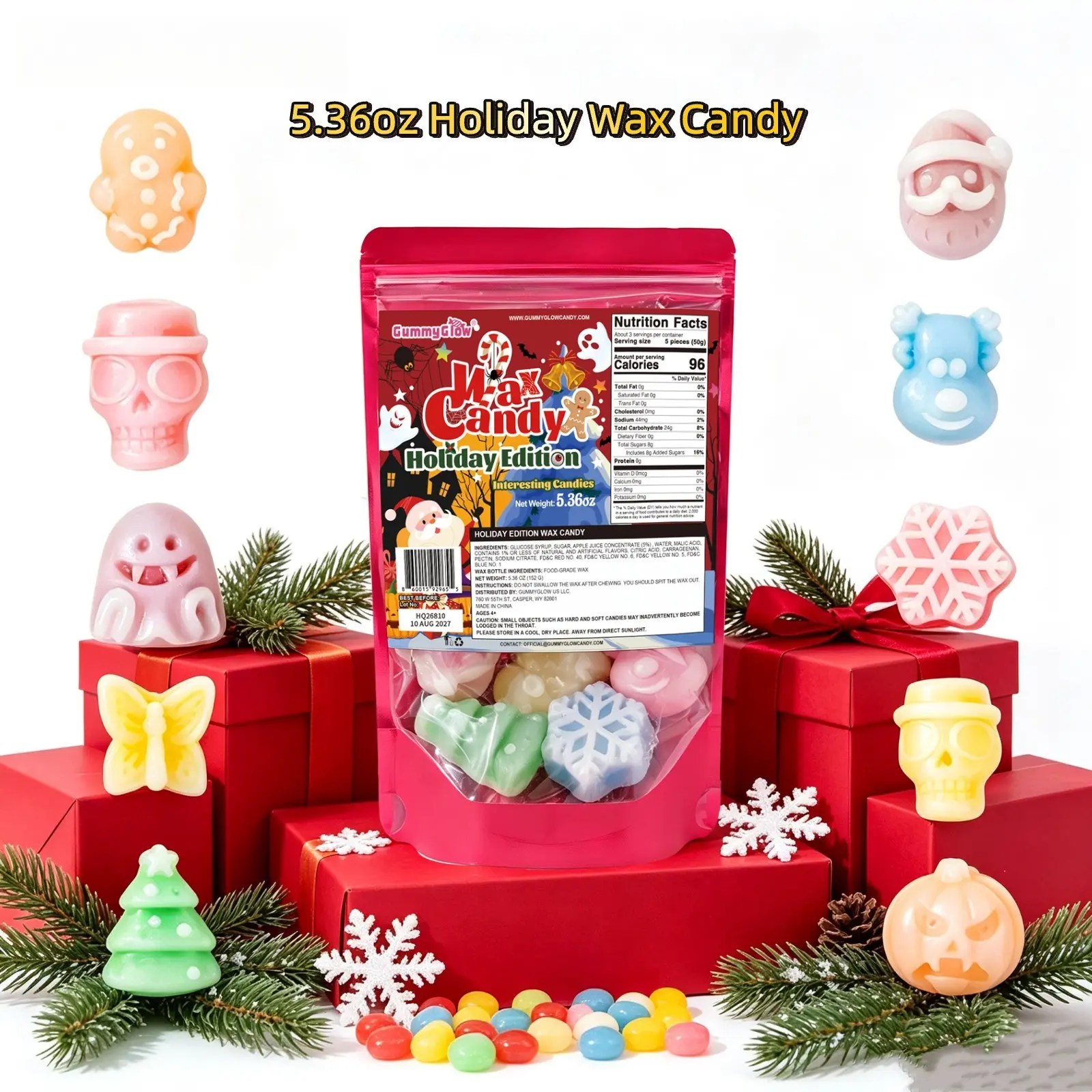 5.36oz Wax Candy Pack - Christmas Festive Shapes, Retro ASMR Sweet Bonbon, Viral Snacks, Trending Candy, Food and Snacks, Halloween Party Treats, Colorful Fruitsnacks, black friday,familyfun, gift ideas, christmas decorations