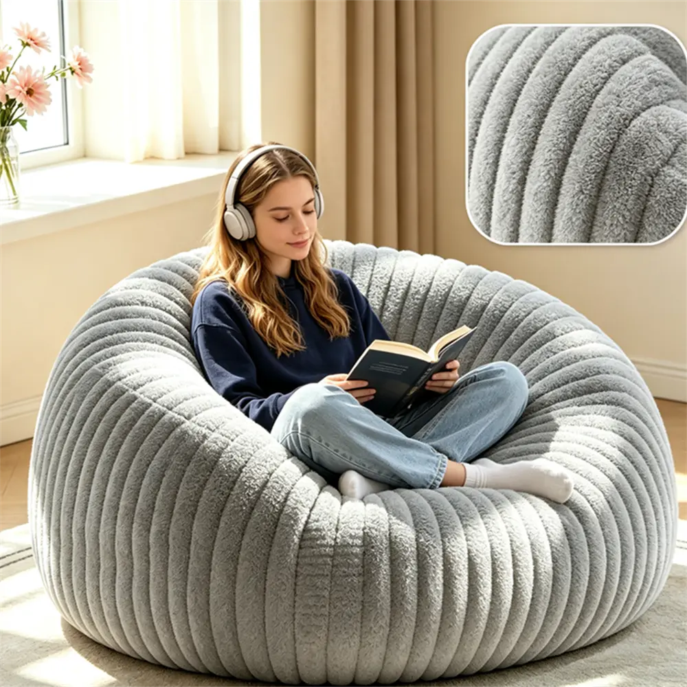Cozy Gray Ribbed Bean Bag Chair for Relaxing Reading Sessions Comfortable and Stylish Home Furniture，Aesthetic Large Striped Bean Bag Chair | Soft Corduroy Lounge Chair For Bedroom Apartment Decor