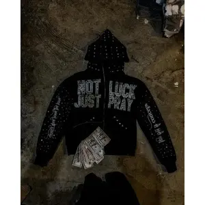 Streetwear Rhinestone Hoodie Not Luck Just Pray Graphic Zip Up Jacket Casual Fabric Long Sleeve Pullover Crewneck Menswear Athletic Classic Oversized Jumper