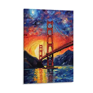 Van Goghs Inspired Starry Nights Golden Gate Bridge Poster. Californias Tourist Decor. Family Oil Painting Art Print for Wall. Poster Canvas Wall Art For Bedroom Decor Bar Office Room Decor Gift