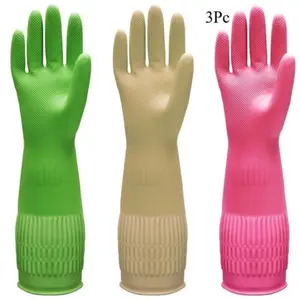 Valentine’s Day Gift for Him & Her 3 Pairs Non-Slip Durable Dishwashing Gloves | 15" Long-Cuff XL Size 3Colors Rubber | Flexible Kitchen Household Cleaning Gloves