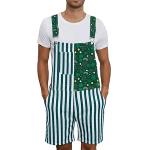 St. Patrick's Day Men's Shamrock Overalls - Green & White Striped Patchwork Bib Overalls for Irish Party