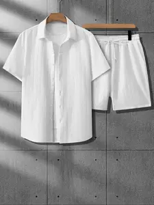 Men's Solid Short Sleeve Shirt & Shorts Set, Regular Fit Casual Button Up Top & Shorts, Men's Summer Outfits Set for Beach Vacation Clothes