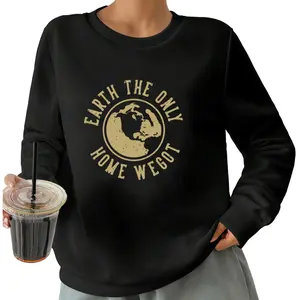 Cozy Women's Long Sleeve Sweatshirt "Earth Home" – Black Crew Neck, Perfect for Casual Weekends