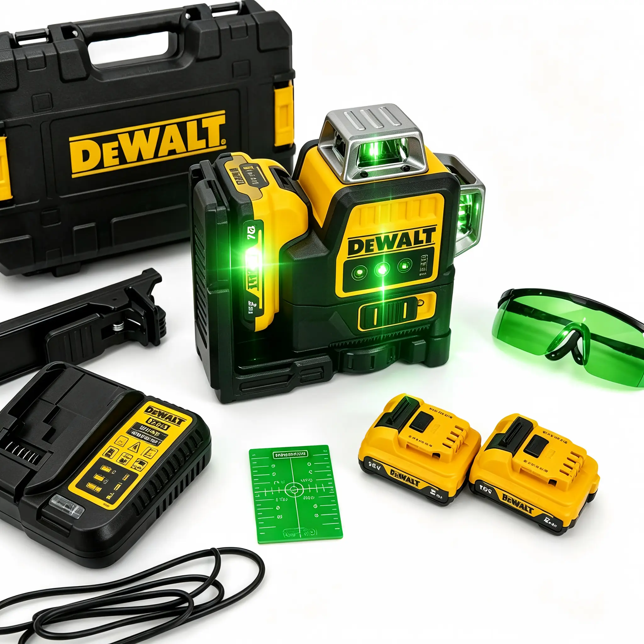 DEWALT DW089 12V Max 3×360° Green Beam Self-Leveling Laser Level Kit, Dual 4.2Ah Batteries, Charger, Hard Case, Bracket, Safety Glasses, Target Plate Included, High-Visibility for Home Remodeling, Building Layout