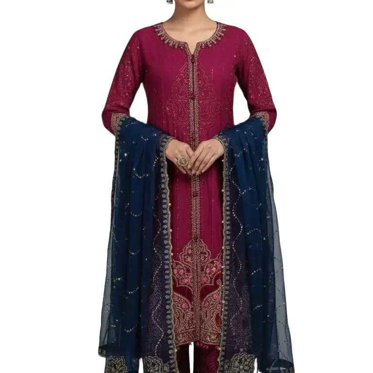 Elegant Magenta Chiffon Suit Embroidered Fabric Outfit
