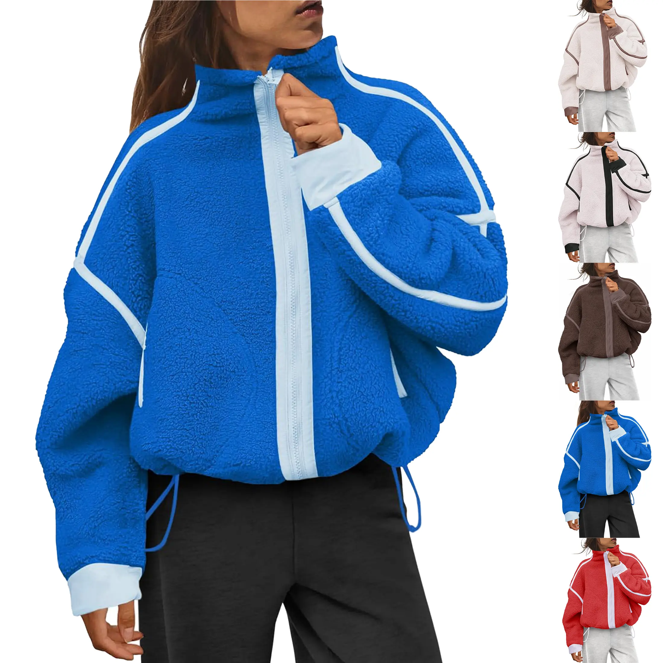 Buenoble Women Color Block Striped Sherpa Fleece Zip Up Jacket Oversized Crop Teddy Coat Drawstring Hem Warm Winter Fuzzy Outerwear With Pockets