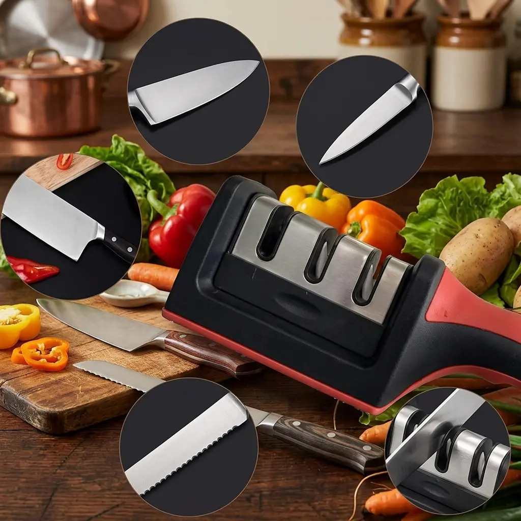 3-Stage Knife Sharpener — Diamond & Ceramic Rods with Non-Slip Base Tungsten Polish Tool Kitchen Safety