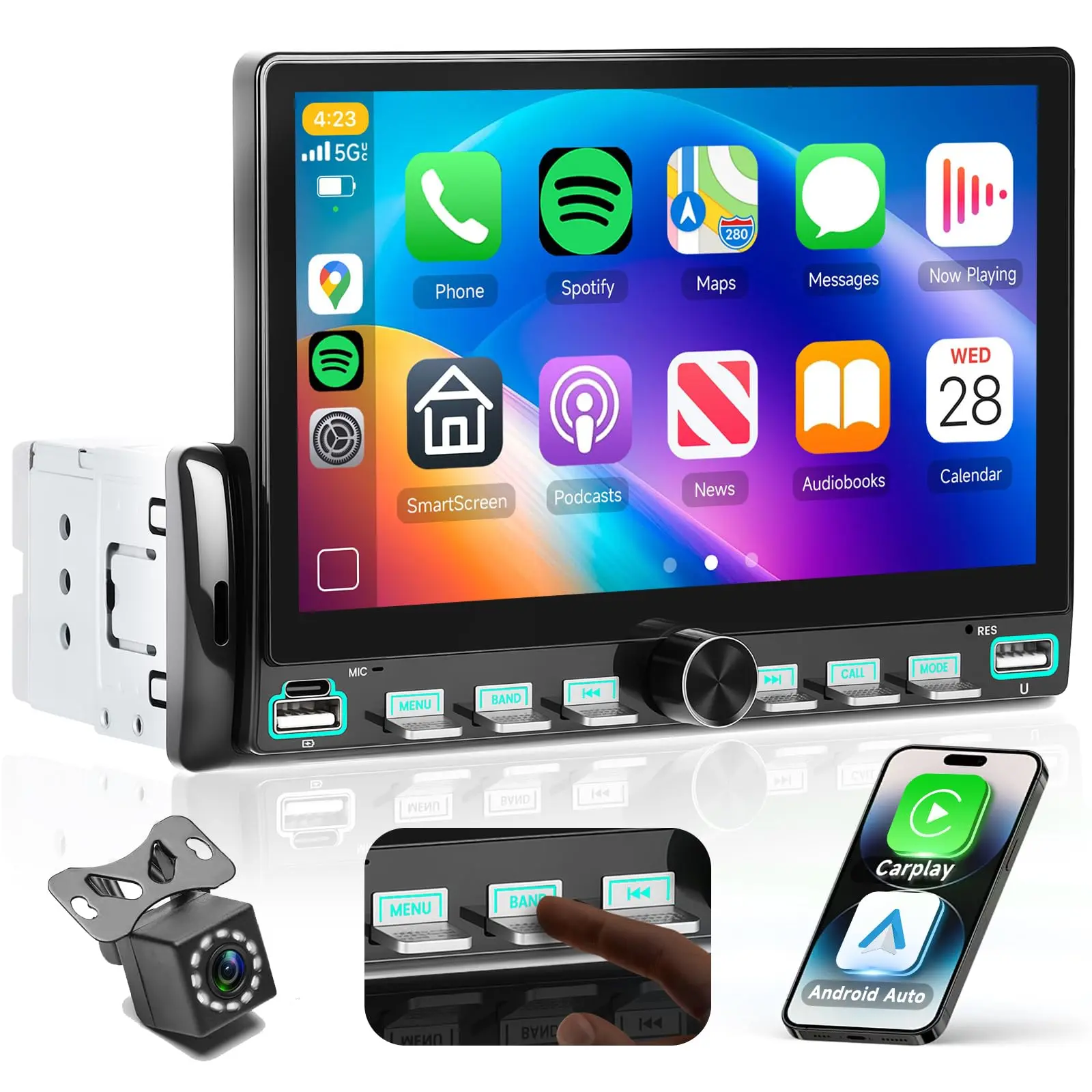 7 Inch Single Din Car Audio with Wireless Carplay Android Auto, FM Radio with Blurtooth, Navigation System, EQ, 2 USB/SD/AUX, with Piano Buttons, Online Video, Mirror Link, Touchscreen Car Stereo  player with Camera,summer vibe