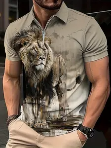 Men's Lion Print Polo Shirt, Regular Fit Casual Short Sleeve Collared Top for Summer, Fashion Men's Clothes for Daily Wear, Tropical, Casual Golf Polo, Fashionable Casual