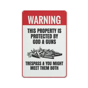 Funny Gun Metal Sign, THIS PROPERTY IS PROTECTED BY GOD & GUNS Thin Sign 8×12 Inch Bold Gun Rights Wall Art for Patriotic Home, Garden Garage & Man Cave