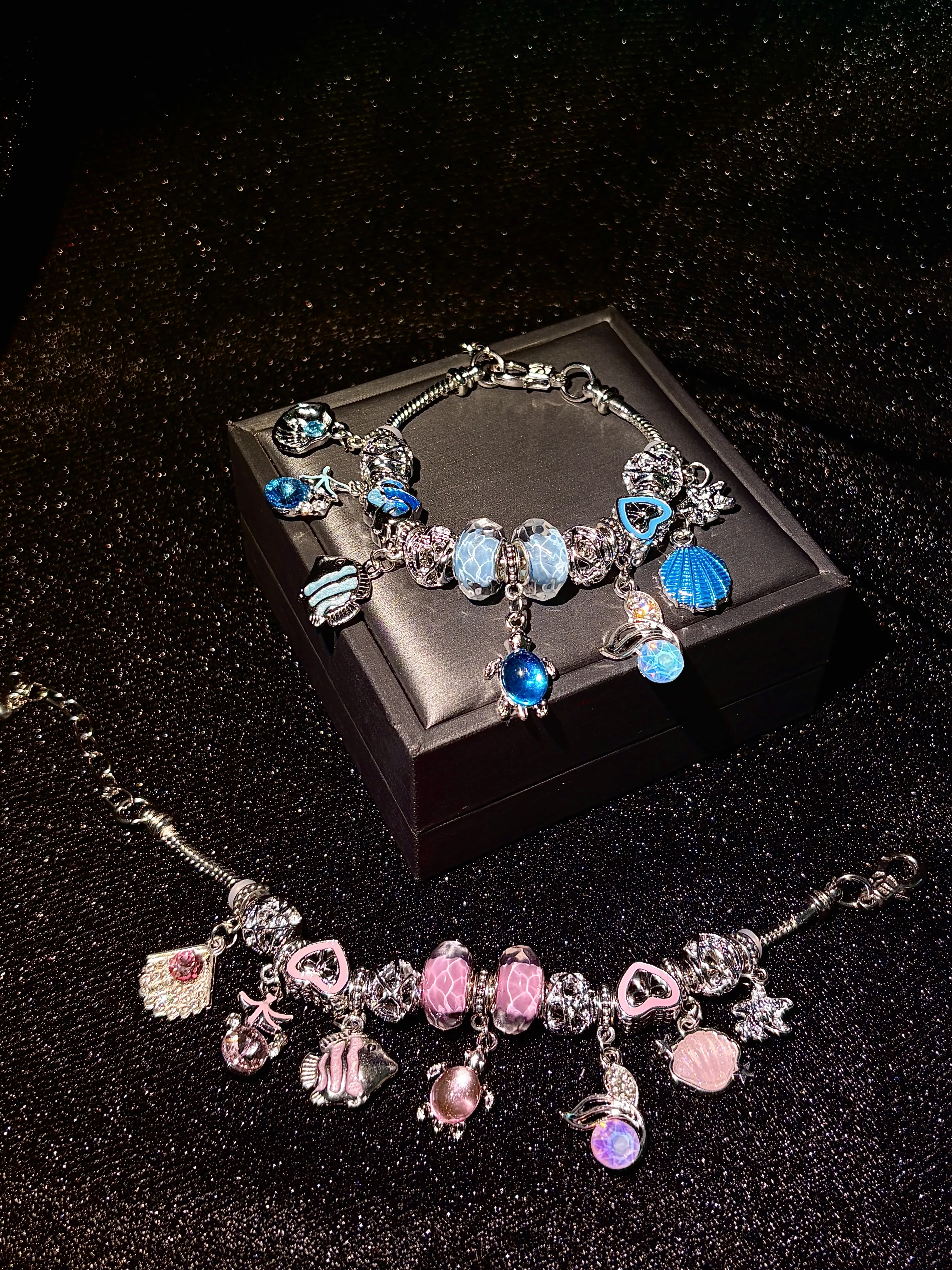 Women's Ocean Theme Charm Bracelet - Silver Snake Chain Beaded Bracelet with Shell, Turtle, Fish, Starfish Charms - 2-Color Mermaid Beach Costume Jewelry Gift