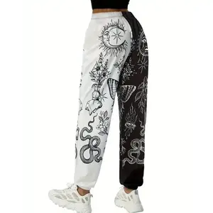 Women's Bohemian Hippie Joggers - High Waist, Colorblock Graphic Print with Sun and Moon Design, Casual Loose Fit Yoga Pants, Polyester, Machine Washable - Perfect for All Seasons