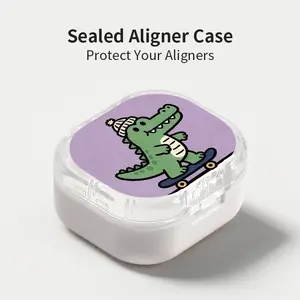 Cute Beanie-Wearing Skateboard Crocodile Print Aligner Case, Sealed Leak-Proof Orthodontic Retainer Box, Portable Dust-Proof Storage for Students Adults Travel