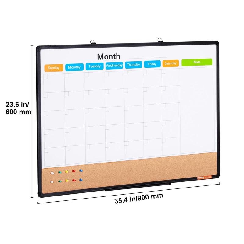 VEVOR 36"x 24" Monthly Calendar Whiteboard & Cork Board Combo with Aluminum Frame – 2-in-1 Magnetic Dry Erase Bulletin Board for Wall Mount – Ideal for School,  , Home, Office