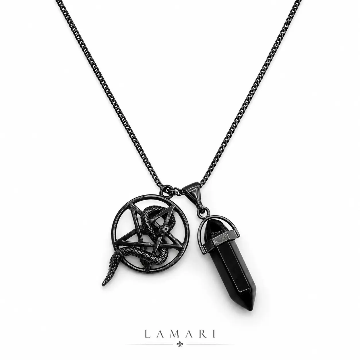 LAMARI Gothic Black Crystal Pendant Necklace for Women Men, Pentagram Snake Charm Necklace, Dark Aesthetic Witchy Jewelry for Halloween, Party & Daily Wear