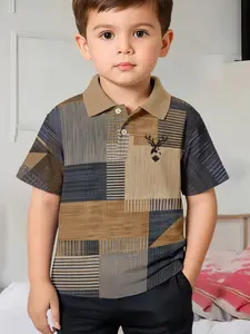 Vintage Patchwork Plaid Classic Polo Shirt, Cute Baby Deer Embroidery, Casual Slim-Fitting, All Seasons, with Collar, No Zipper, Top