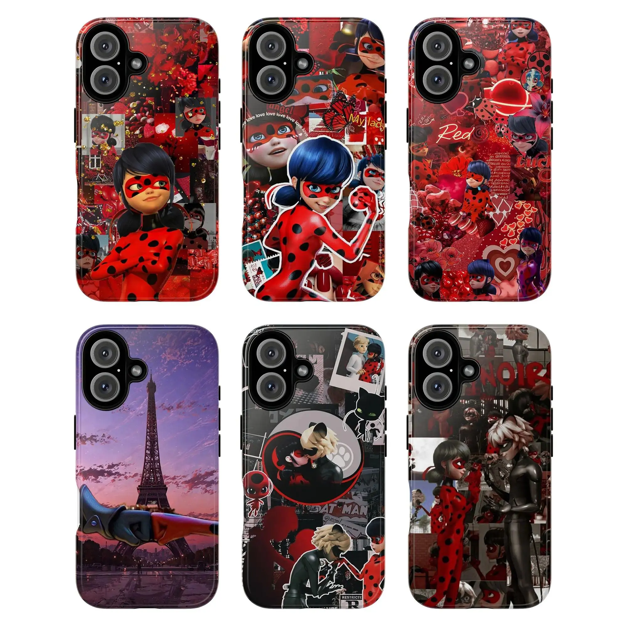 Ladybug & Cat Noir Phone Case — Inspired by the *Miraculous* cartoon, featuring a collage-style design that blends playfulness, artistic flair, and vintage aesthetics. Compatible with iPhone 11–17 Pro Max/Plus series and Samsung Galaxy S23– series.
