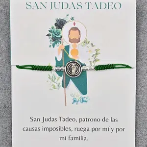 San Judas Tadeo Adjustable Green Bracelet with Silver Beads - Perfect for Daily Wear and Gift Giving