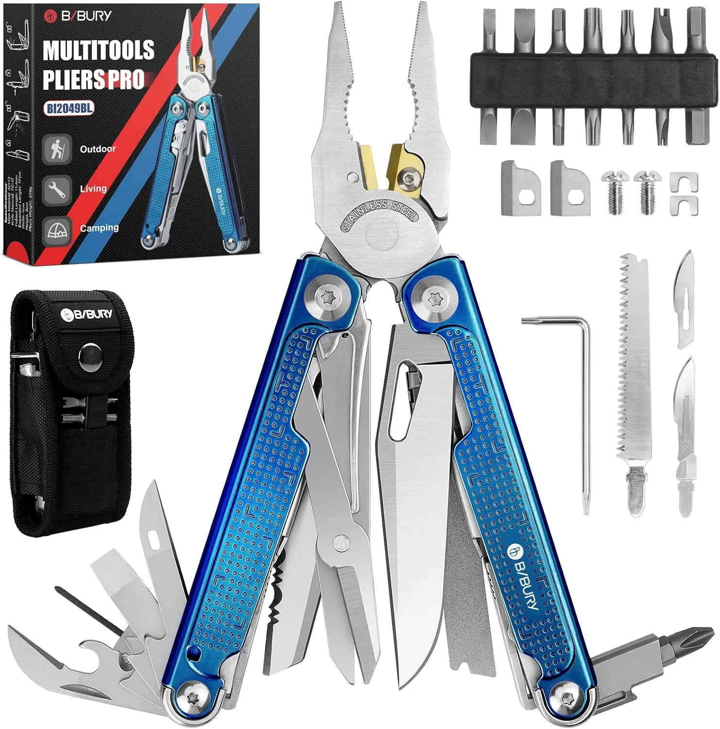 BIBURY Multitool Pliers with Blue Titanium Handle & 440A Knfie, BI2049BL | Pocket Knife, Full Size Scissors, YG12 Wire Cutters, T-Shank Saw & Sheath, EDC Multi Tool for Camping Hiking, Gifts for Men