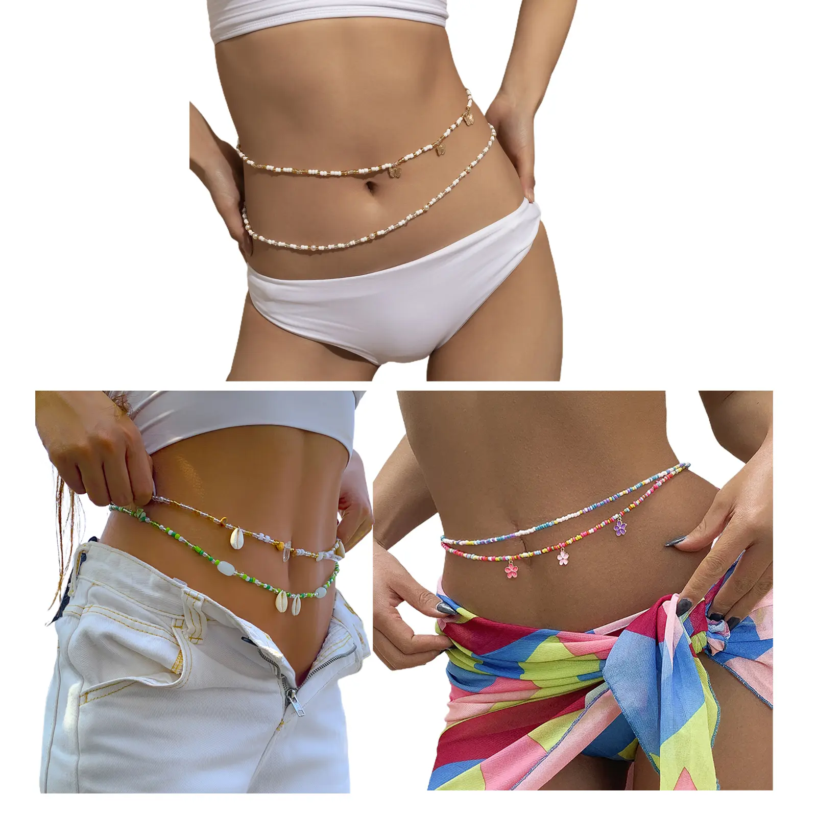 OIDEA Women's 3-Piece Bohemian Style Stacking Waist Chain Set, Boho Layered Body Jewelry with Seed Beads, Shells, Stone Chips, Adjustable Alloy Chain with 9.84in Extender, Elastic & Flexible Fit for All, Elastic Fit, 9.84 Inches Extender, Ready To Layer,,
