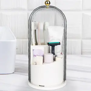 Bacteria And dust-Isolating Toothbrush Holder - 360° Rotating 3-Slot Bathroom Organizer, Waterproof Glass Dome & Metal Base, Sliding Cover Hidden Bathroom desktop countertop Storage Organizer，home essentials