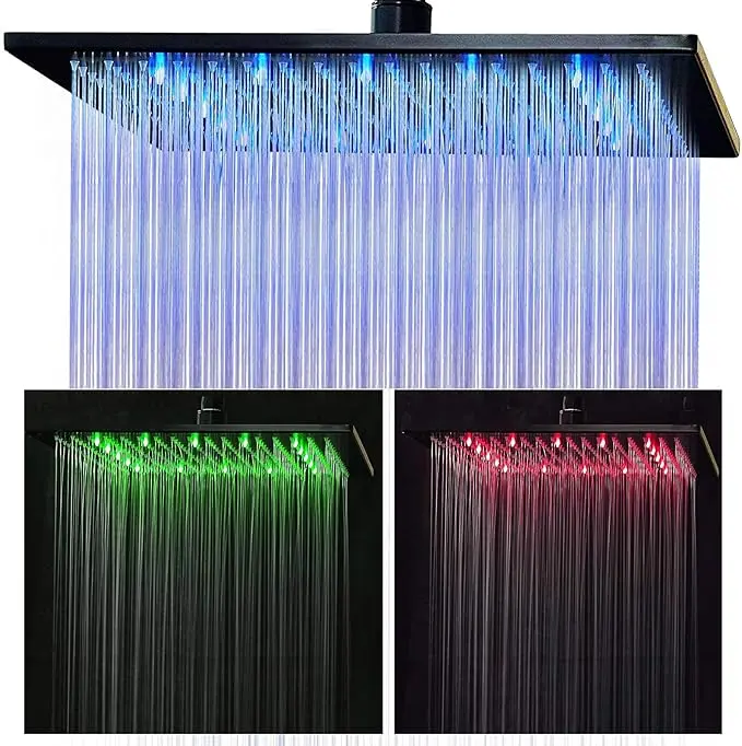 LED Square Rain Shower Head Replacement with Rotatable Ball, High-Pressure LED Lights, 12" or 16" Stainless Steel Sprayer for Home Users’ Indoor Bath, Ceiling or Wall Mount, Matte Black/Brushed Nickel/Polished Chrome Fixture