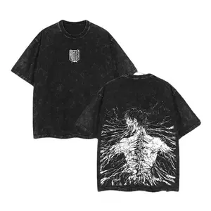 Commemorative Edition Heavy Eren Yeager Attack On Titan Double Printed Vintage Washed Round Neck Shortsleeve Retro Graphic Tee, Unisex Oversize Cotton Crewneck, Anime Fan Gift Menswear Casual Black Top