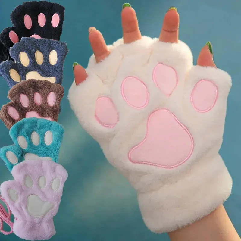 Women's Fluffy Cat Paw Fingerless Winter Gloves - Plush Soft, Lightweight Cartoon Fashion Accessories for Cosplay, Warm Mittens, Cartoon Fashion Gloves Puffy Outfits gloves