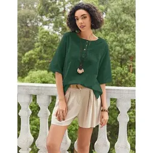 ZEAGOO Linen Tops for Women 3/4 Sleeve Crew Neck Cotton Shirts Casual Jacquard Boho Blouse Fit Elegance