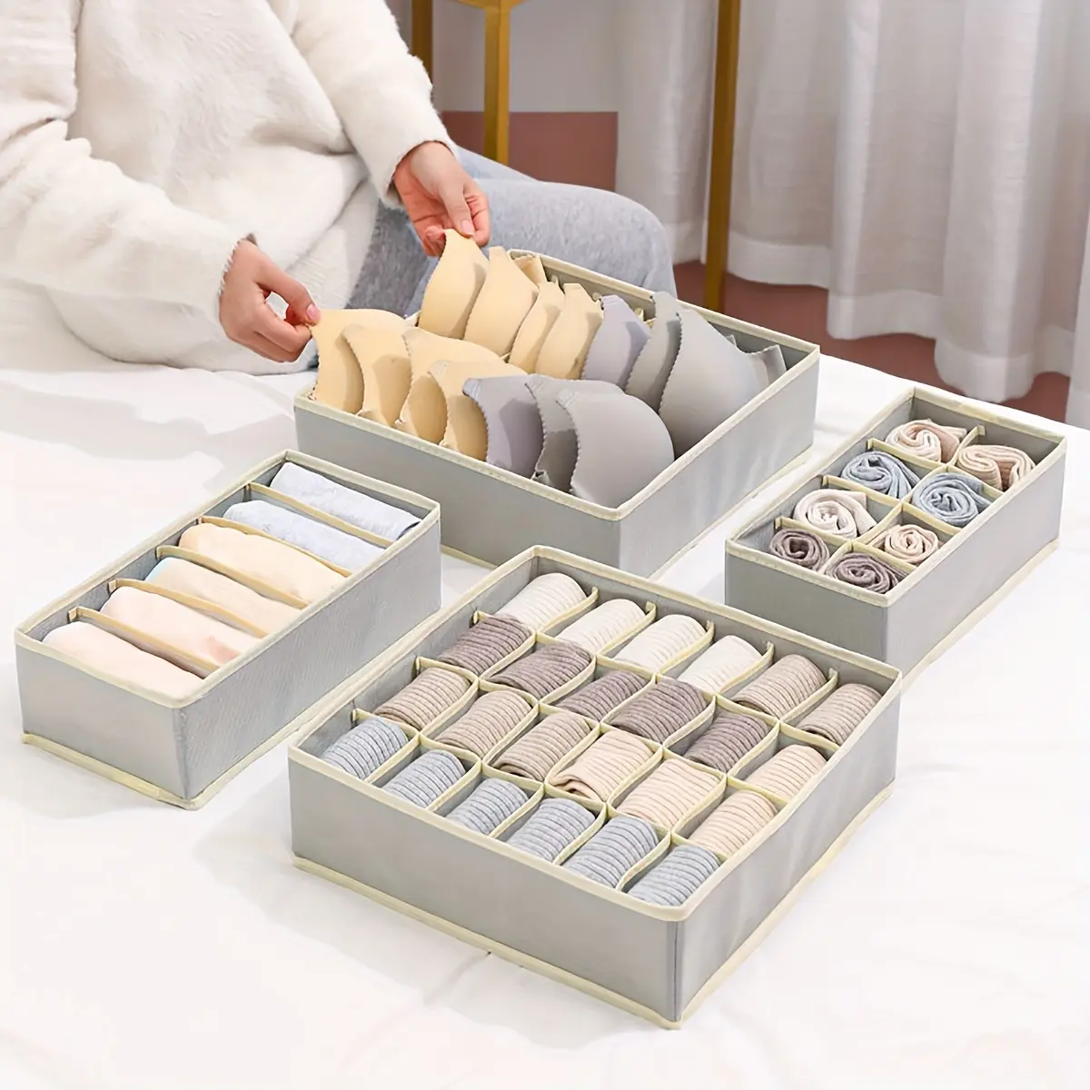 4-Piece Foldable Non-Woven Underwear Storage Boxes, Drawer Organizer for Bras Socks Lingerie, Closet Space-Saving Solution