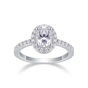 [TW] "Luna" 1ct Oval Cut Moissanite Engagement Ring Micro Pave Halo Setting Solid S925 Sterling Silver Band 18k Platinum Plated Micro Pave Ring VVS1 D Color  Perfect Gift For Her Birthday Valentine(R13340)