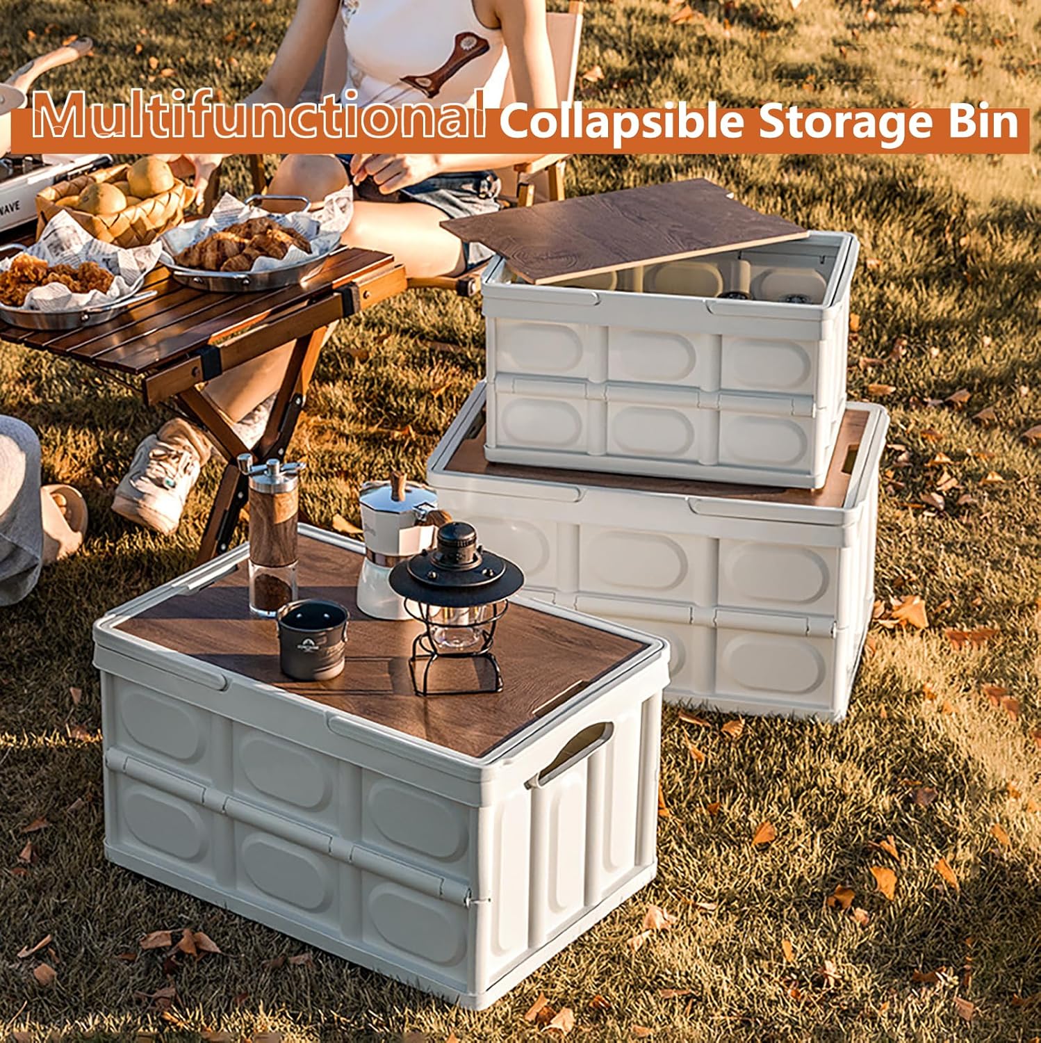 Collapsible Storage Bin with Handles and Wooden Lid, Large Capacity Stackable Utility Crates Holds 33lbs for Outdoor Home Storage Organizing Moving (30L/7.9Gal)
