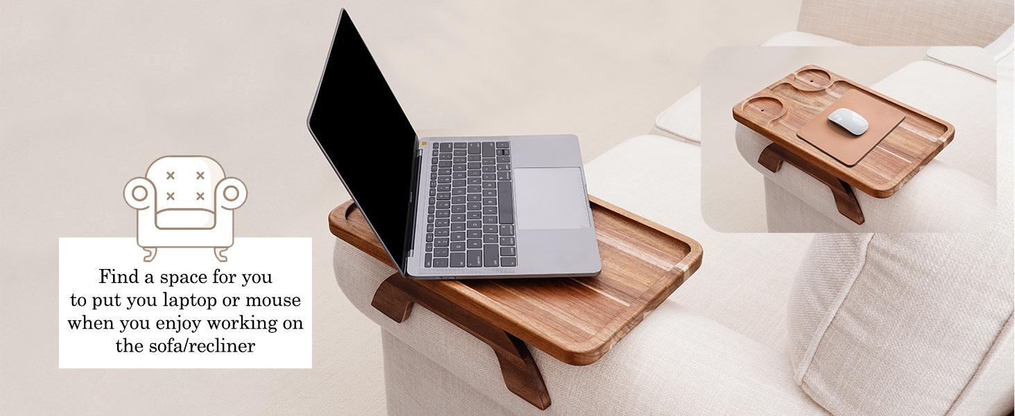 Couch Cup Holder Tray, 3 in 1 Large 15.36"x9.85" Acacia Wood Sofa Arm Clip on Tray Table with 360°Rotated Phone Holder on Armrest