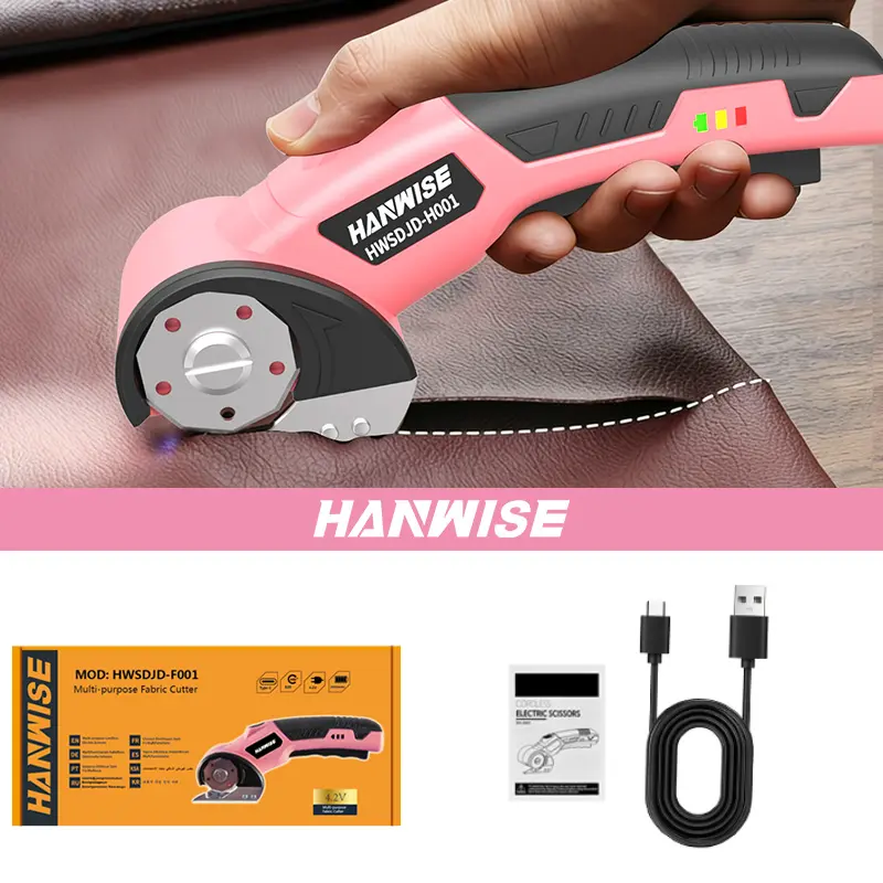 Hanwise Cordless Electric Scissors, USB Rechargeable with Safety Lock & LED Light, Pink/Yellow for Carpet, Leather, Fabric, Cardboard