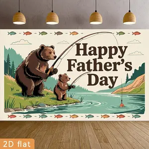 2D Flat Banner Polyester Photography Backdrop, HD Digitally Printed Father's Day Theme Background Cloth with Bear Family Fishing Design, Soft Lightweight Foldable Photo Background for Happy Father's Day Party Decor, Event Celebrat
