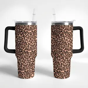 Fashion Leopard Pattern 40oz Insulated Tumbler with Top Handle & Flip Straw Lid, Stainless Steel Double Wall Vacuum Travel Cup
